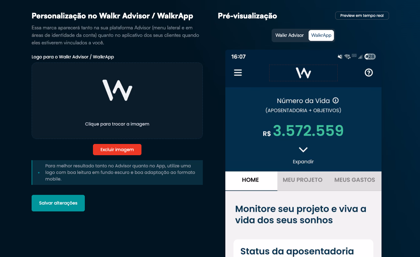 Walkr Advisor: personalização da marca no portal e no WalkrApp, com pré-visualização em tempo real