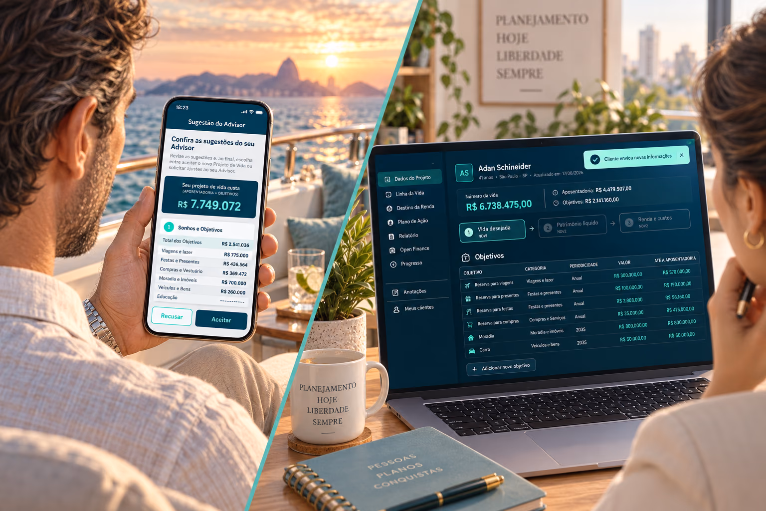 Cliente e advisor conectados pelo Walkr App e pelo Portal Advisor
